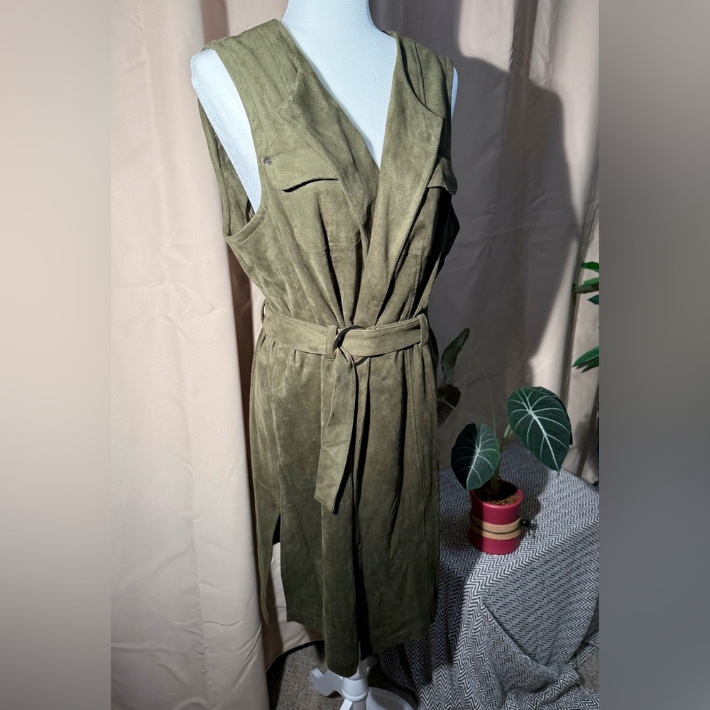 Chico's Olive Green Faux Suede Belted Longline Duster Vest - Size 2/Large - EUC - Picture 7 of 14